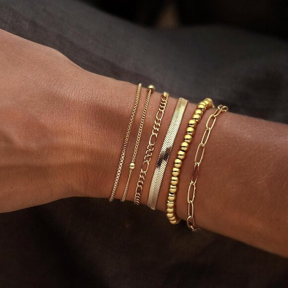 Gold Bracelet Set for Women Beaded Layered Link Herringbone Adjustable Jewelry - Picture 3 of 7